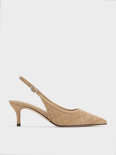 Sepatu Slingback Pumps Pointed-Toe Woven Ivette Faux Suede, Sand, hi-res