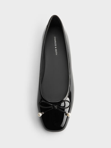 Sepatu Ballet Flats Pearl-Embellished Bow Barbara Patent, Black Patent, hi-res