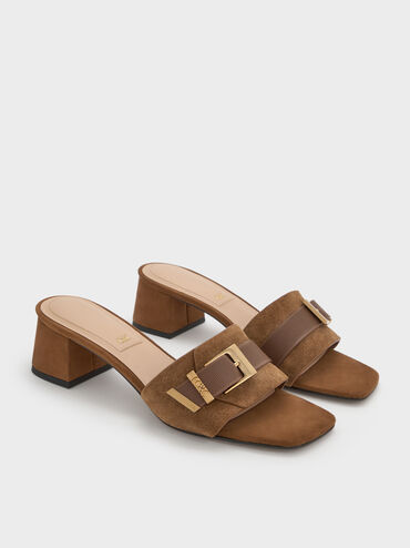 Sepatu Mules Block-Heel Buckle Suede & Leather Whitney, Brown, hi-res