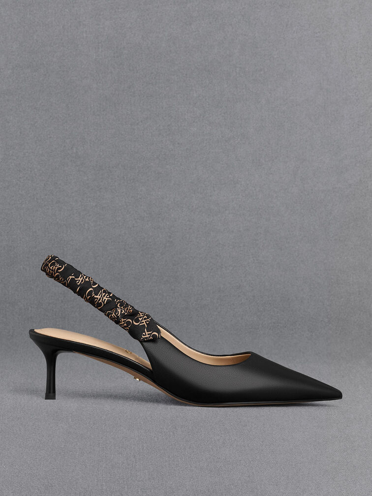 Sepatu Slingback Pumps Ruched-Strap Leather Tully, Black, hi-res