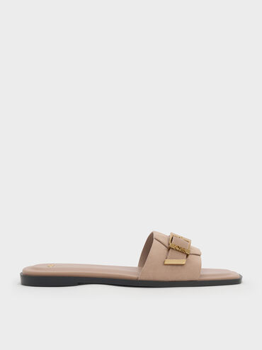 Whitney Suede & Leather Buckled Square-Toe Slide Sandals, Taupe, hi-res