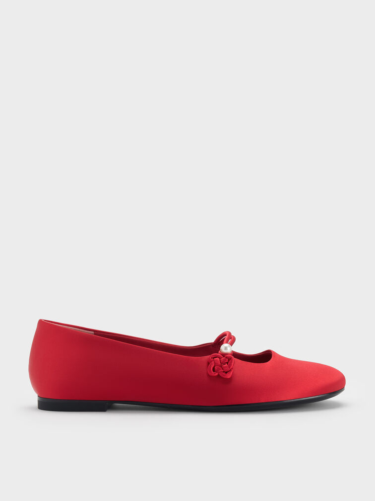 Sepatu Flats Mary Jane Knot-Pearl Orinda, Red, hi-res