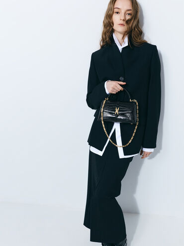 Tas Top Handle Chain-Strap Metallic-Buckle Adalyn Croc-Effect, Black Croco, hi-res