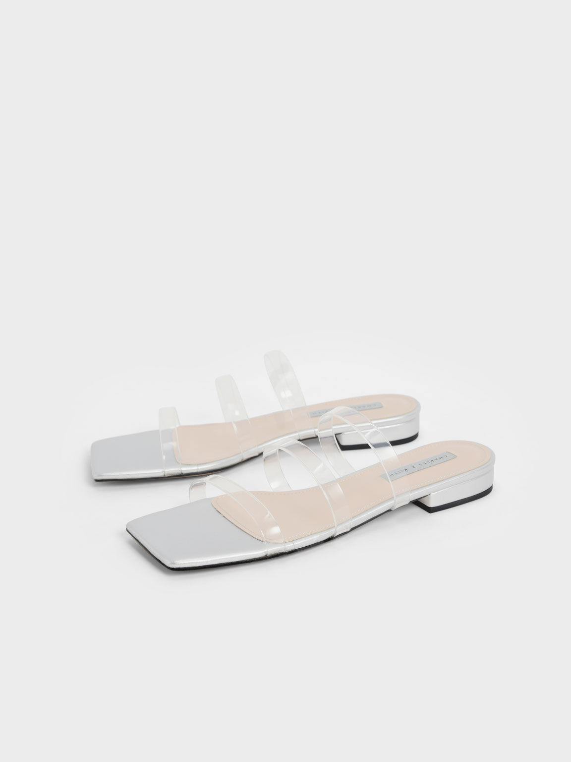 Clear Strap Slide Sandals, Silver, hi-res