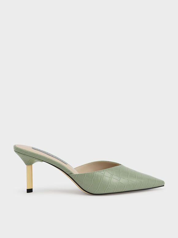 Sepatu Mules Blade Heel Croc-Effect Metallic, Animal Print Green, hi-res