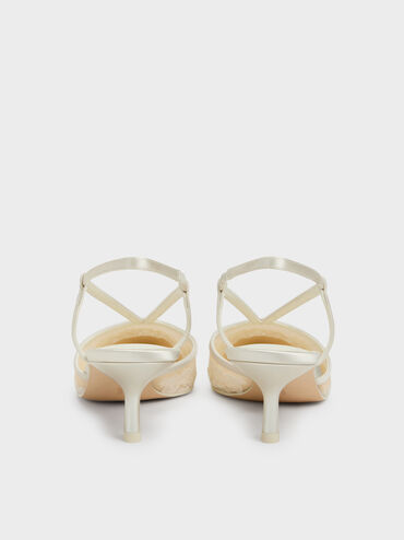 Sepatu Kitten Heels Slingback Embroidered-Satin, White, hi-res