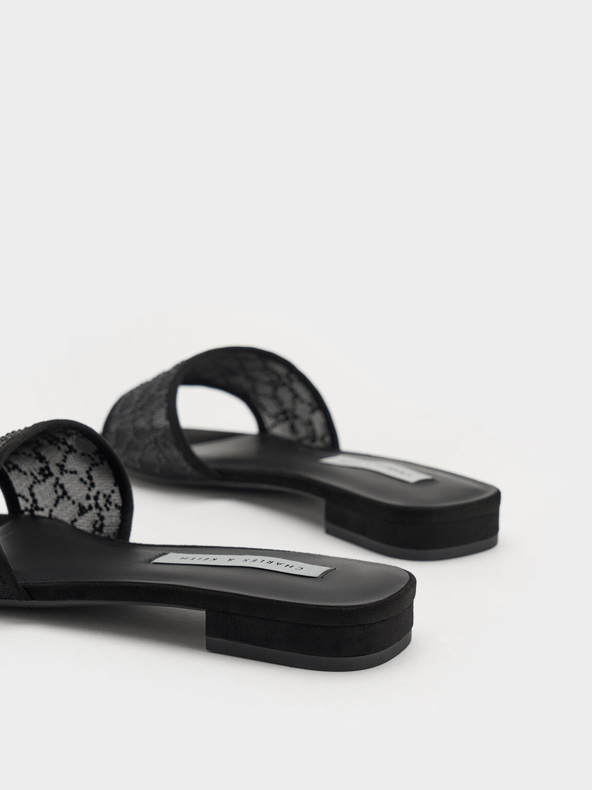 Bead-Embellished Mesh Flat Sandals, Black, hi-res