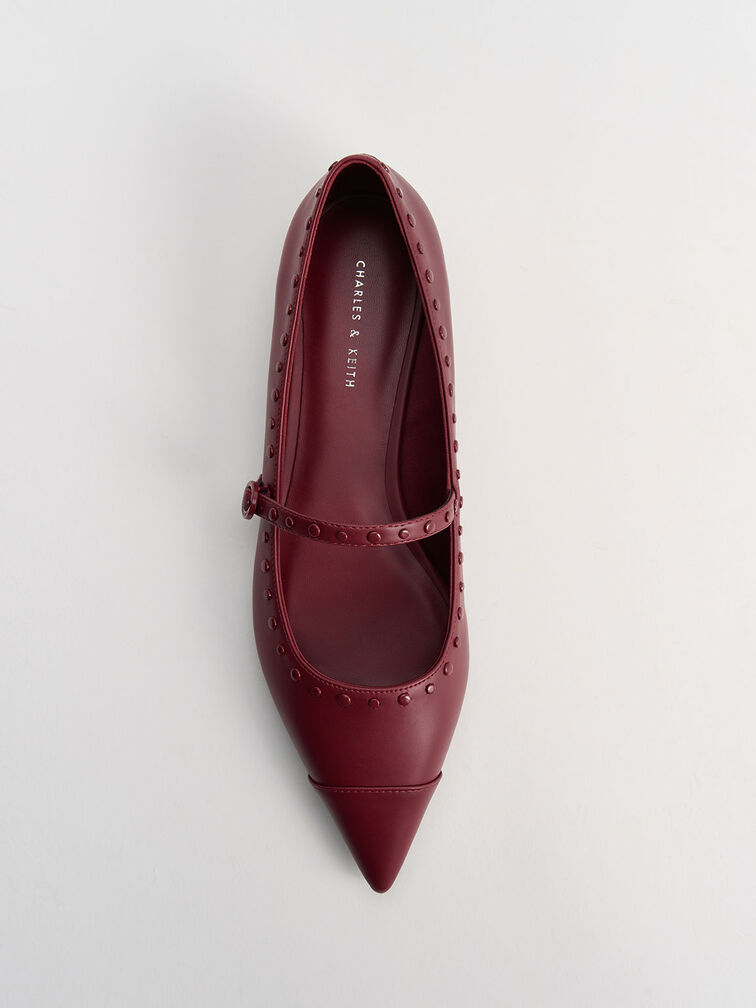 Sepatu Flats Mary Jane Studded Pointed-Toe, Burgundy, hi-res