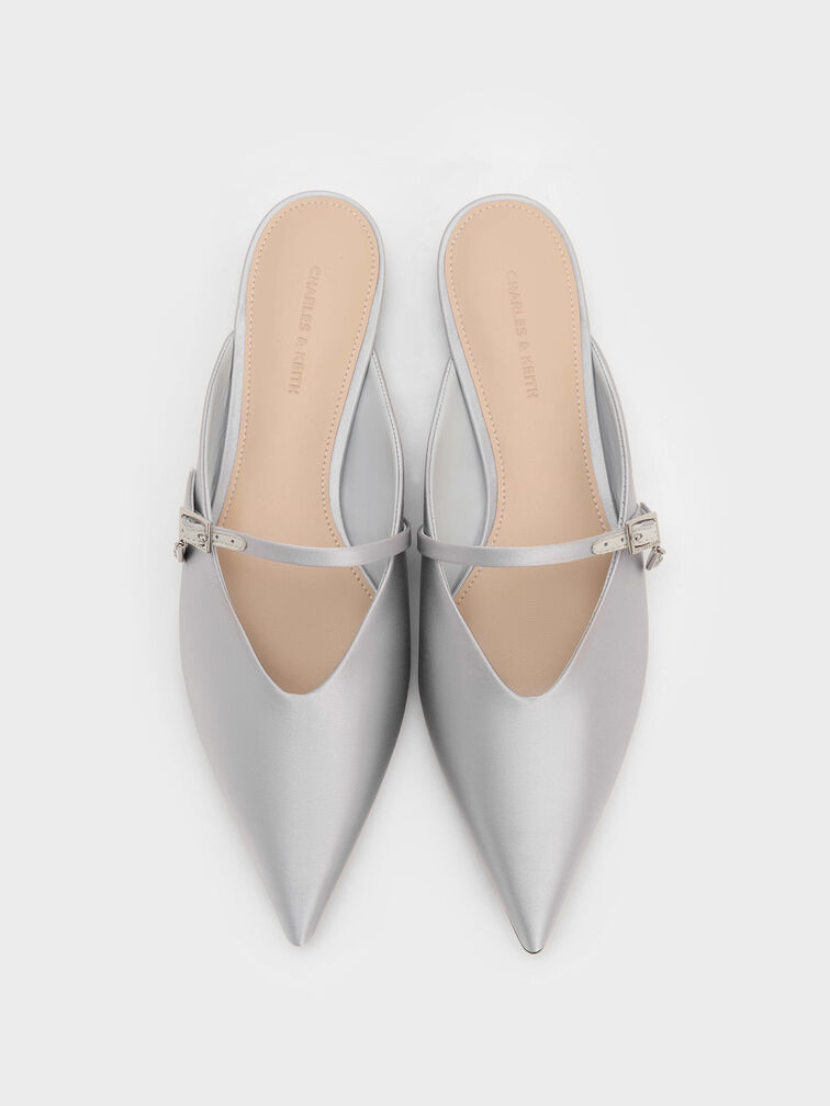 Satin Teardrop-Crystal Flat Mules, Silver, hi-res