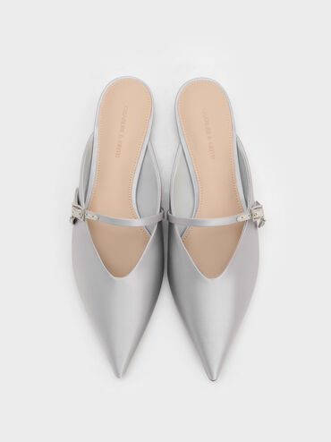 Satin Teardrop-Crystal Flat Mules, Silver, hi-res