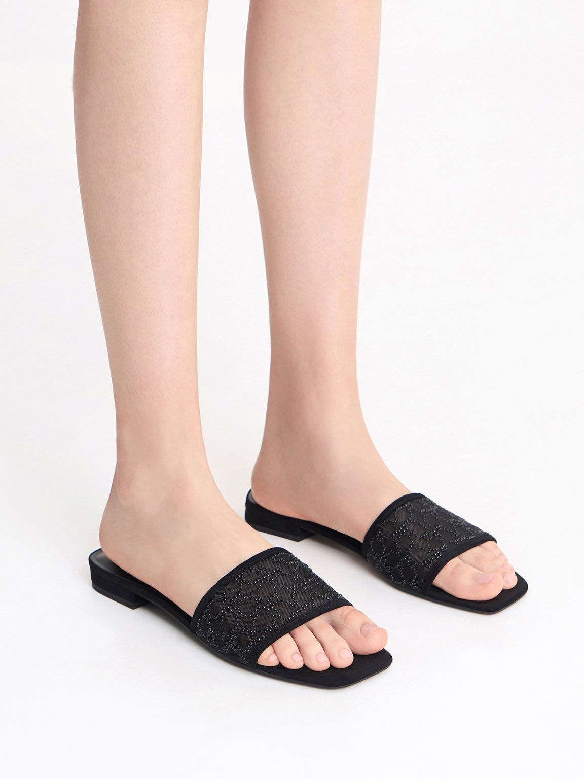 Sandal Flat Bead-Embellished Mesh, Black, hi-res