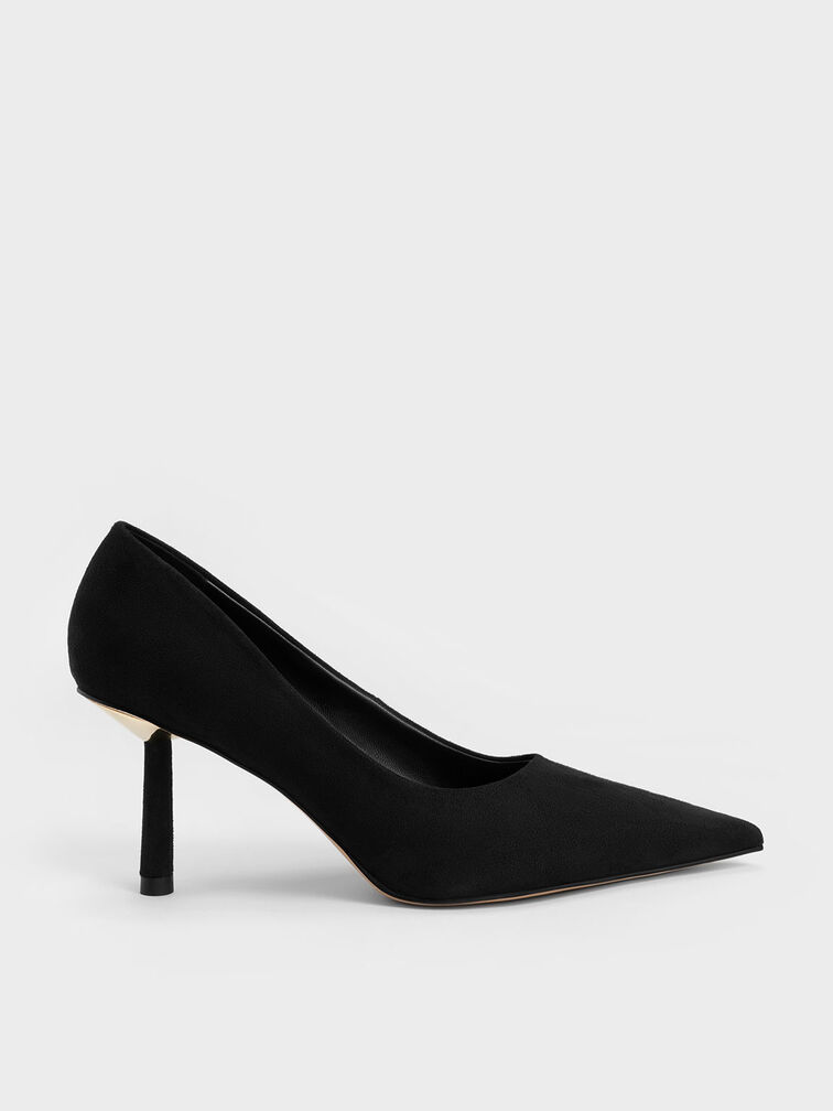 Textured Pointed-Toe Cylindrical Heel Pumps, Black Textured, hi-res