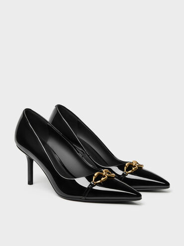 Sepatu Pumps Pointed Metallic-Buckle Patent, Black Patent, hi-res