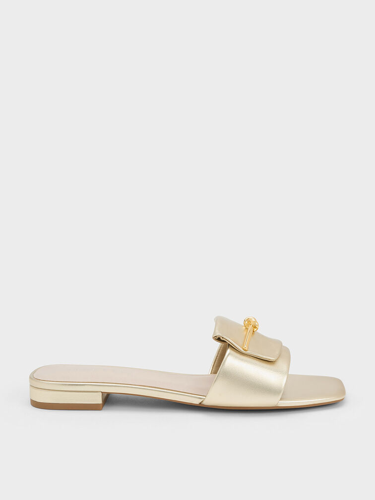 Metallic Knotted Accent Slide Sandals, Gold, hi-res