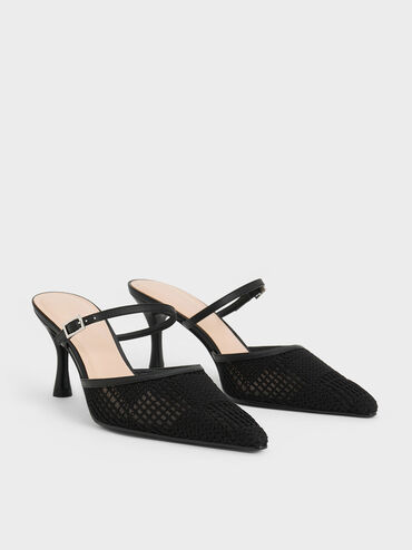Sepatu Heeled Mules Mesh Woven, Black Textured, hi-res