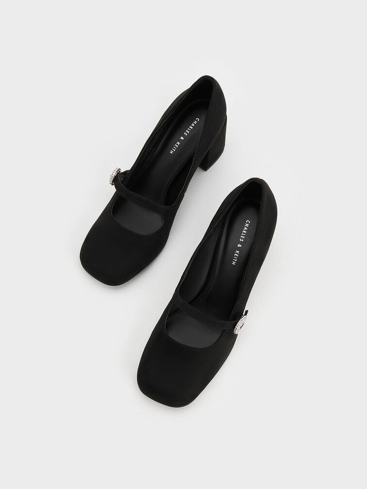 Sepatu Pumps Mary Jane Textured Crystal-Embellished, Black Textured, hi-res