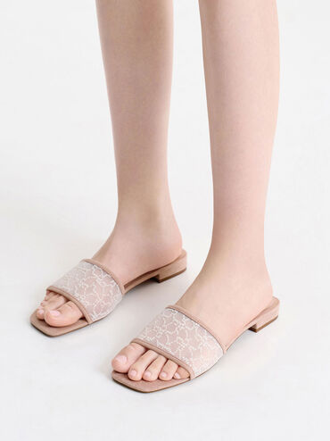 Bead-Embellished Mesh Flat Sandals, Nude, hi-res