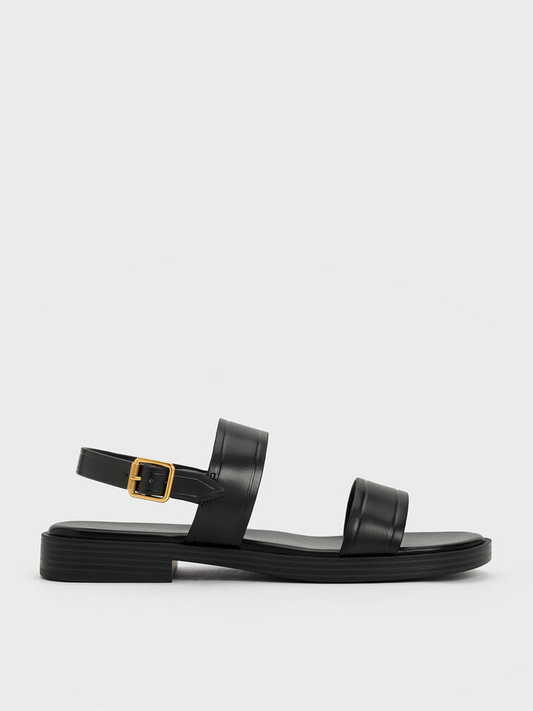 Buckled Double Strap Sandals, Black, hi-res