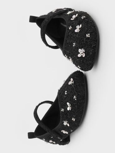 Tweed Flower-Embellished Mary Janes, Black Textured, hi-res