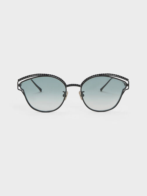 Braided Wire-Frame Cateye Sunglasses, Black, hi-res