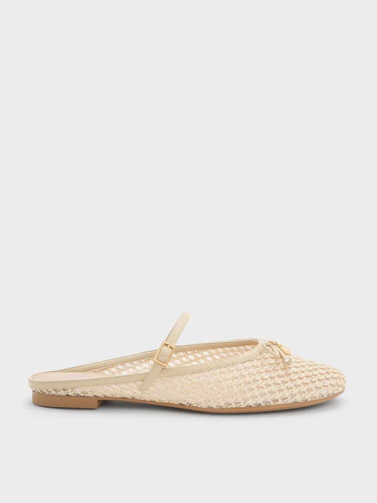 Raffia Bow Mary Jane Mules, Beige, hi-res