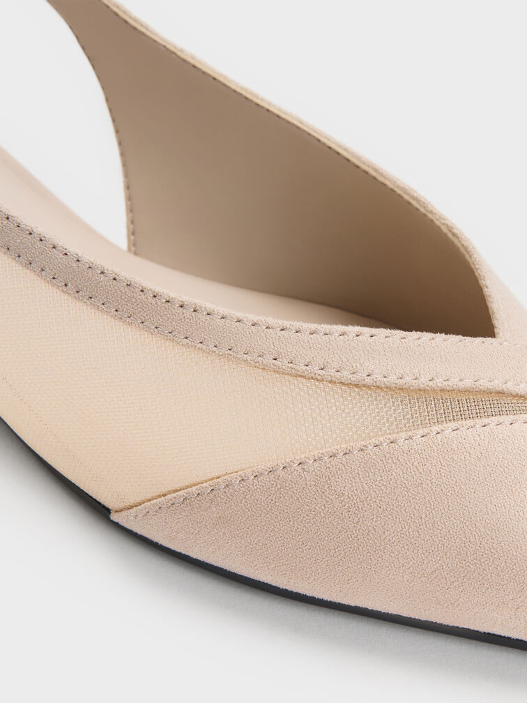 Sepatu Flats Slingback Suede & Mesh Faux, Beige, hi-res