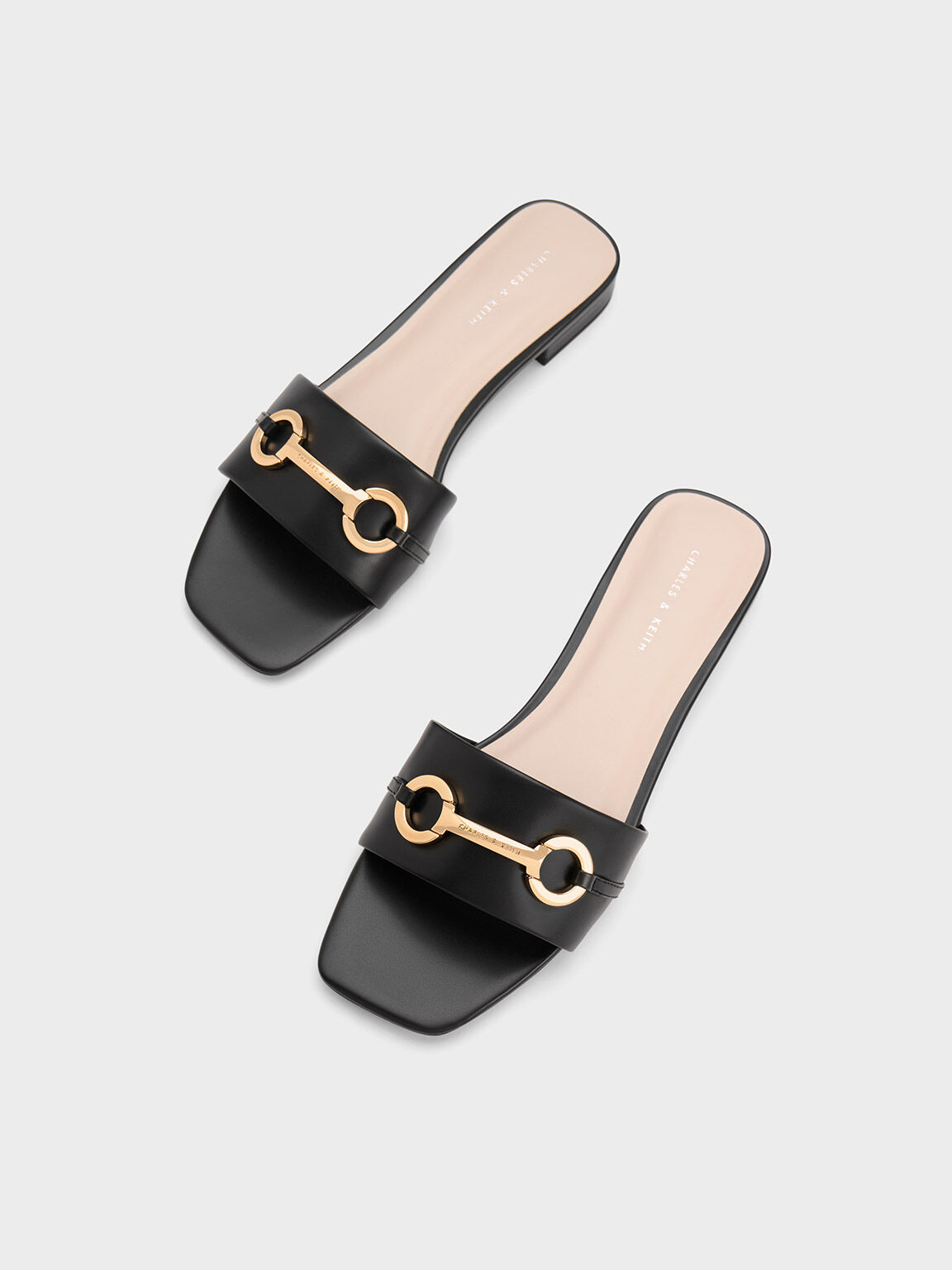 Metallic Bar Slide Sandals, Black, hi-res