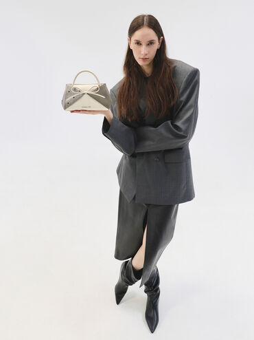 Tas Top Handle Panelled Bow Heart-Print Hazel, Taupe, hi-res