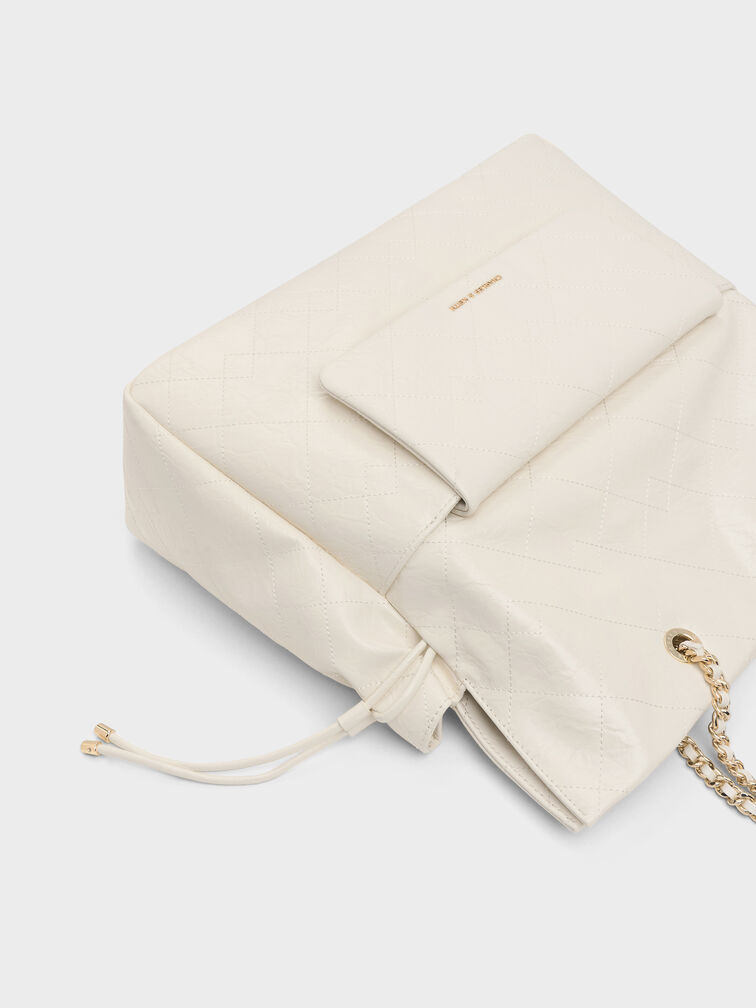 Tas Ransel Two-Way Drawstring Braided-Strap Quilted Duo, Cream, hi-res