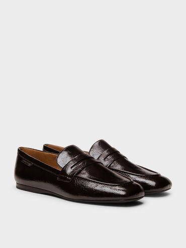 Crinkle-Effect Penny Loafers, Dark Brown, hi-res