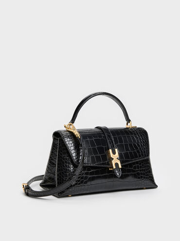 Tas Top Handle Chain-Strap Metallic-Buckle Adalyn Croc-Effect, Black Croco, hi-res