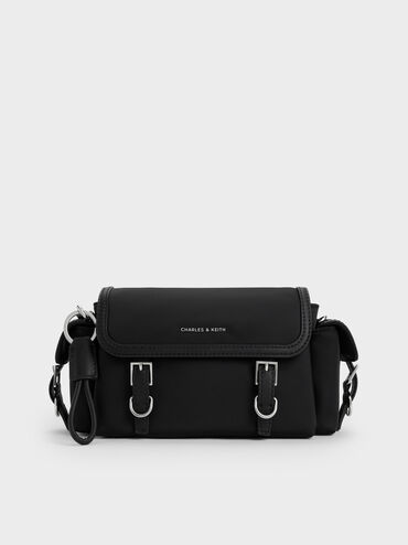 Tas Selempang Buckled Levy Nilon, Noir, hi-res