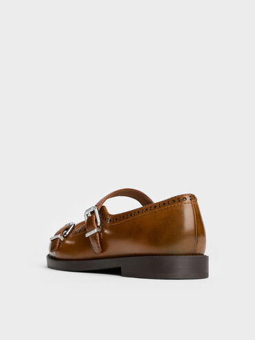 Double-Strap Brogue Mary Janes, Tan, hi-res