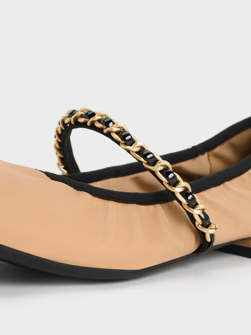 Sepatu Flats Mary Jane Chain-Strap, Beige, hi-res