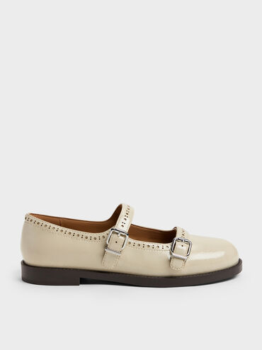 Double-Strap Brogue Mary Janes, Beige, hi-res