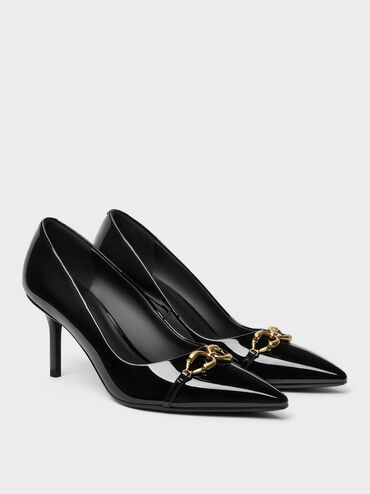 Sepatu Pumps Pointed Metallic-Buckle Patent, Black Patent, hi-res
