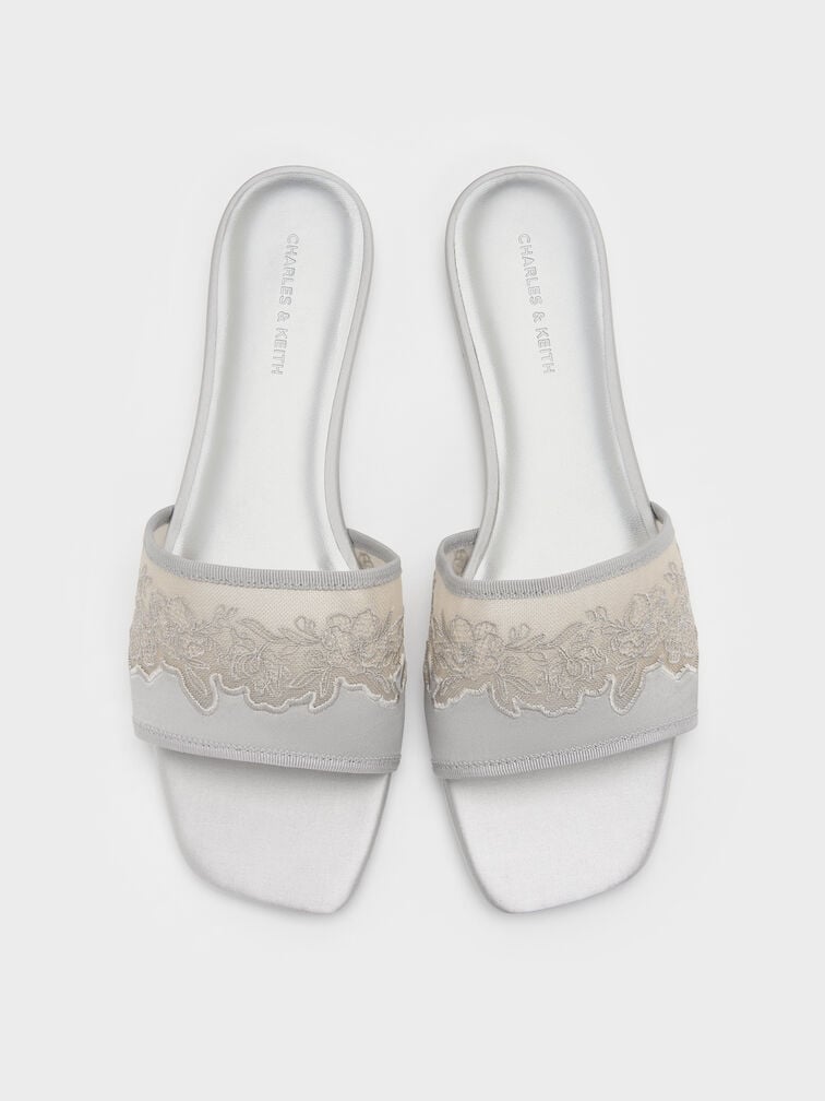 Sandal Selip Embroidered-Mesh Satin, Silver, hi-res