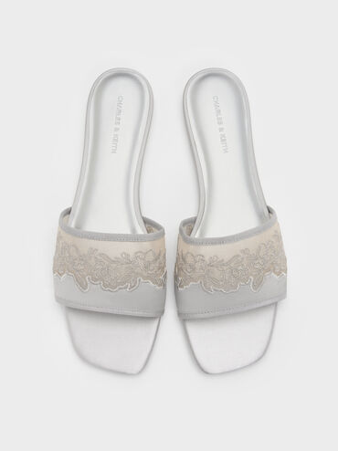 Sandal Selip Embroidered-Mesh Satin, Silver, hi-res