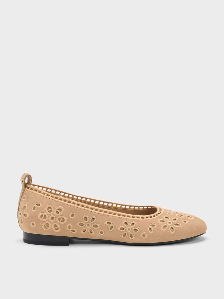 Sepatu Flats Ballet Embroidered Leather, Beige, hi-res