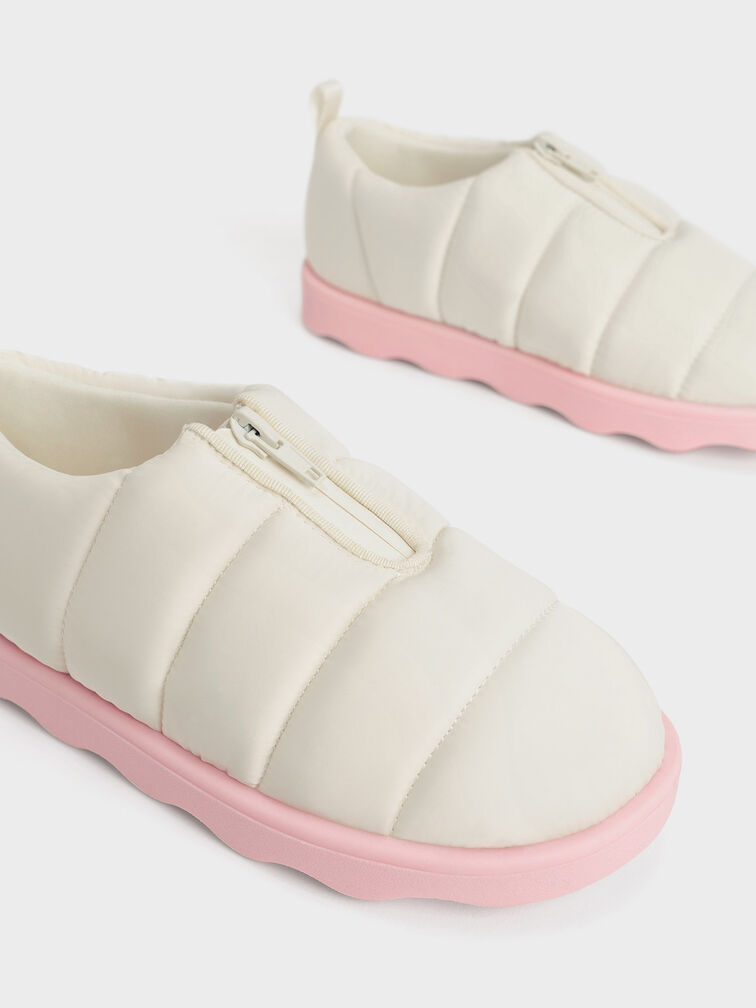 Girls' Puffy Nylon Panelled Loafers, Chalk, hi-res