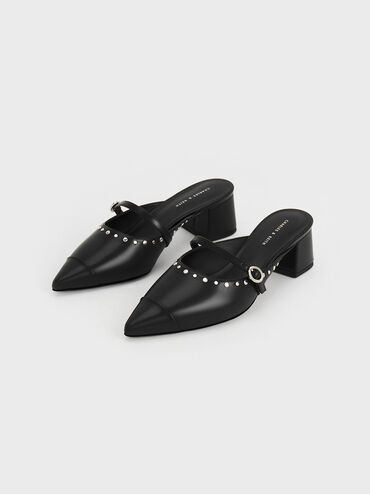 Sepatu Mules Studded Pointed-Toe Block Heel, Black, hi-res