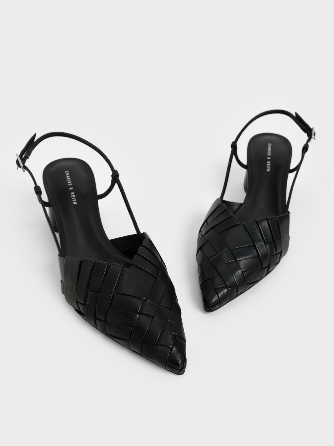 Sepatu Woven Slingback Pumps, Black, hi-res