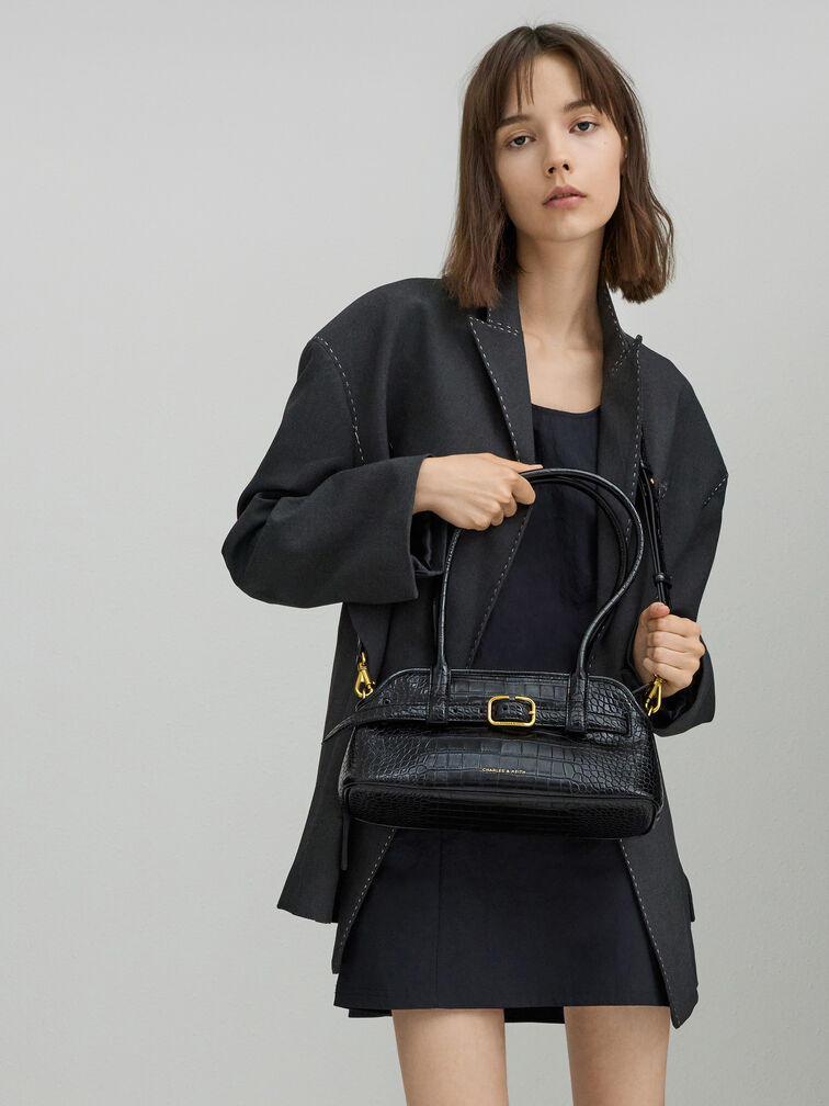 Tas Bahu Belted Croc-Effect Victoria, Black Croco, hi-res