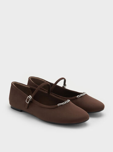 Sepatu Mary Jane Flats Shila Chain Faux Suede, Dark Brown Textured, hi-res