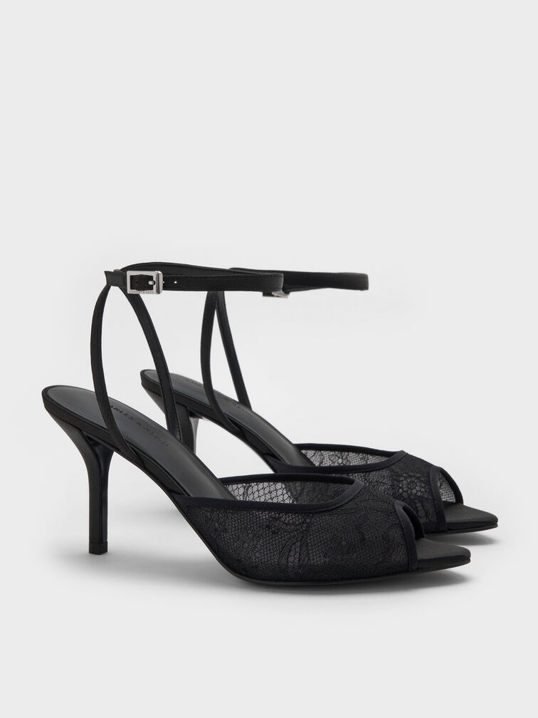 Sepatu Heels Peep-Toe Lace & Satin, Black Textured, hi-res