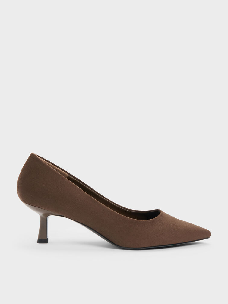 Sepatu Pumps Pointed Emmy Faux Suede, Dark Brown Textured, hi-res