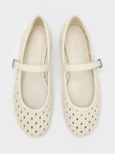 Sepatu Flats Mary Jane Woven, Cream, hi-res