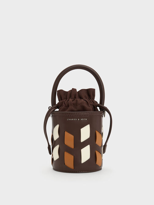 Canvas Panelled Bucket Bag, Dark Brown, hi-res