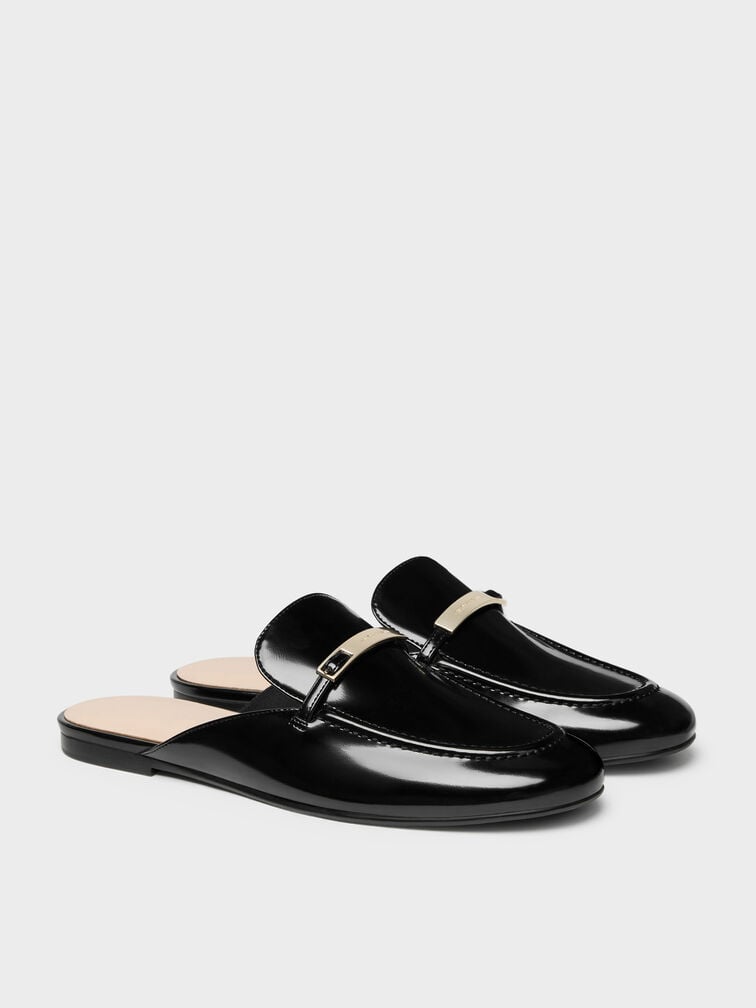 Metallic-Bar Loafer Mules, Black Box, hi-res