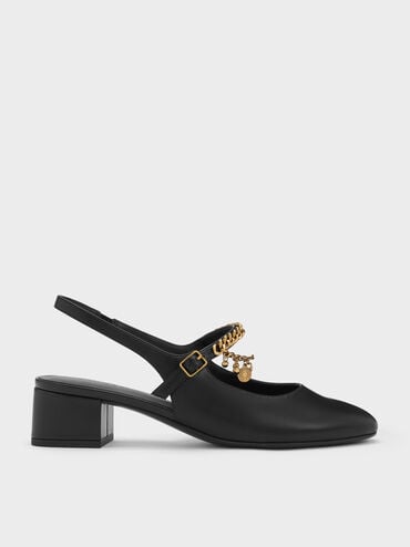 Sepatu Pumps Slingback Mary Jaane Charm Double-Chain, Black, hi-res